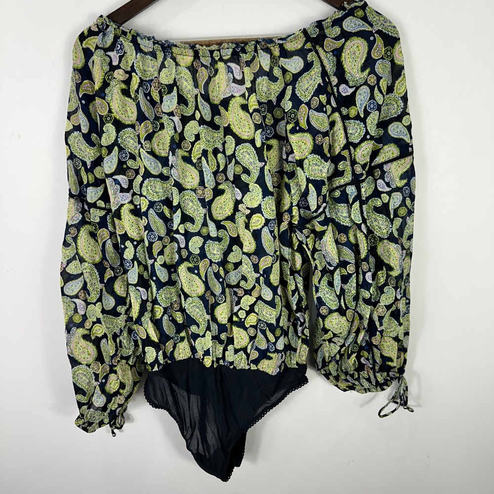 Free People Off The Shoulder Bodysuit Womens S Blue Paisley Smocked Peasant Boho - Picture 4 of 8